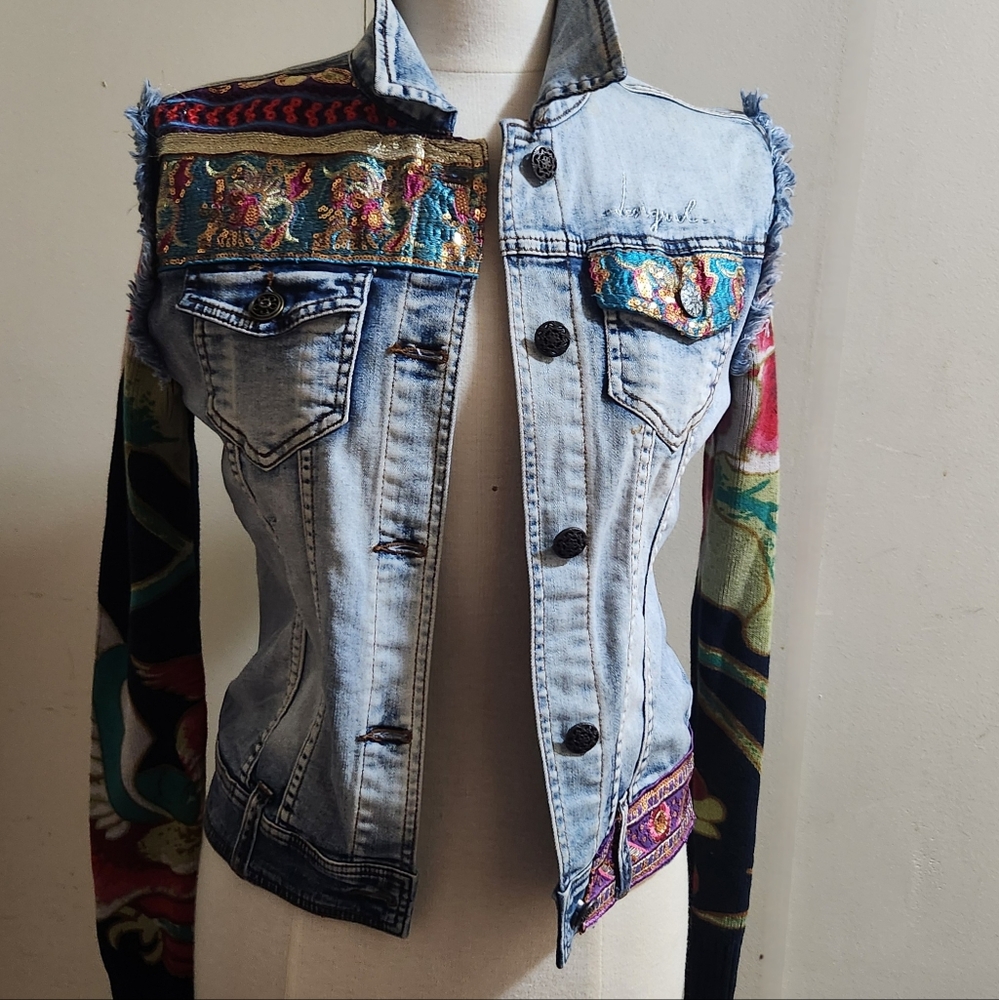 Desigual Denim Jacket 1984 Embellished Sequin Floral Knit Sleeves Size